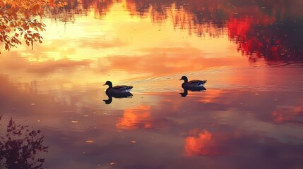 Poster - Ducks gliding across a lake reflecting the orange and pink tones of a serene sunset.