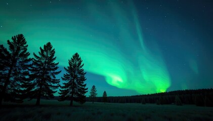 trees under starry night sky with aurora borealis, trees, starry night