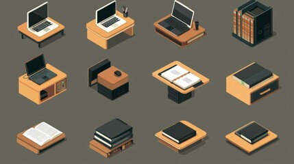 Poster - Isometric-style icons featuring desks, laptops, and documents, ideal for corporate presentations.