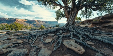 Poster - Large roots of an ancient tree growing over a rocky terrain.