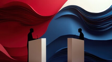 Poster - Dynamic political debate backdrop with layered silhouettes creating an engaging atmosphere for discourse and discussion Generative AI