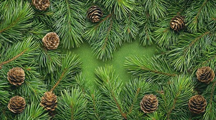 Poster - pine tree branches with fresh green needles and small cones.
