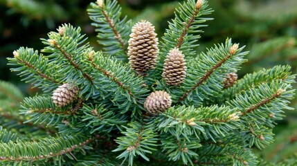 Poster - pine tree branches with fresh green needles and small cones.