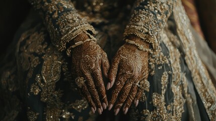 Poster - The bride and groom in ornate wedding attire with intricate henna designs on their hands.