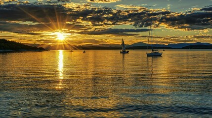 Aufkleber - The setting sun casting golden reflections across calm ocean waters, with sailboats in the distance.