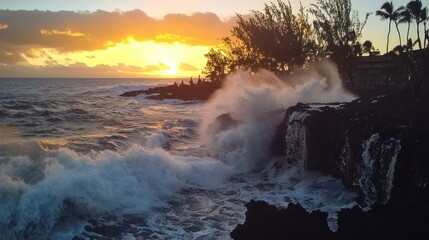Poster - Waves gently crashing against volcanic rocks as the Hawaiian sunset paints the sky in orange and pink.