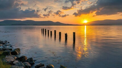 Aufkleber - A serene sea view with the setting sun reflecting golden light across the calm waters.