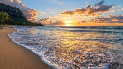 Aufkleber - A serene view of a beach with gentle waves and the sun dipping below the horizon