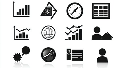 Poster - A set of basic black-and-white icons, representing core business concepts like charts, people, and money.
