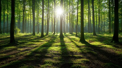 Aufkleber - A serene view of a dense forest with sunlight filtering through the canopy.