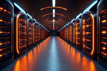 Poster - Modern Data Center Interior with Bright LED Lights in a High-Tech Environment