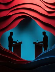 Poster - Engaging political debate with bold paper art background featuring dynamic silhouettes of figures behind podiums Generative AI