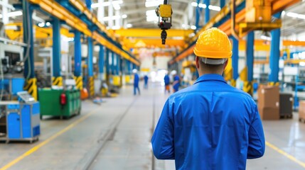 Poster - A worker wearing a helmet stands in a large industrial facility, overseeing operations in a spacious factory filled with machinery.