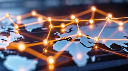 Poster - A digital world map with glowing connections, symbolizing global networking and data flow.