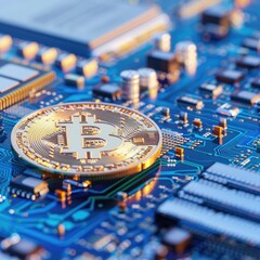 Poster - A detailed close-up of a Bitcoin on a circuit board, symbolizing the intersection of cryptocurrency and technology.