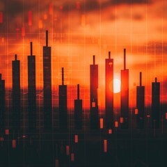 Poster - A vibrant sunset casts silhouettes of stock market candlesticks, symbolizing trading and investment dynamics.
