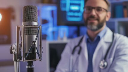 Poster - A healthcare professional explaining medical topics into a podcast mic, framed by studio