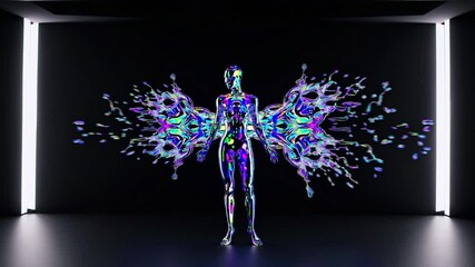 Fototapete - Futuristic Woman Mannequin Made of Liquid Holographic with Dripping Melted Effect – Isolated on Black Background, Showcasing a Striking and Innovative Digital Art Concept with Vibrant Colors and Fluid