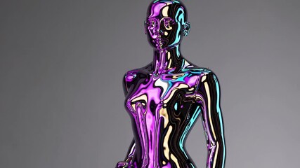 Fototapete - Futuristic Woman Mannequin Made of Liquid Holographic with Dripping Melted Effect – Isolated on Black Background, Showcasing a Striking and Innovative Digital Art Concept with Vibrant Colors and Fluid