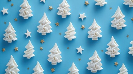Poster - A holiday-themed blue background featuring white Christmas trees and stars.