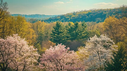 Poster - A horizon filled with blooming cherry trees, transitioning into a forested area.
