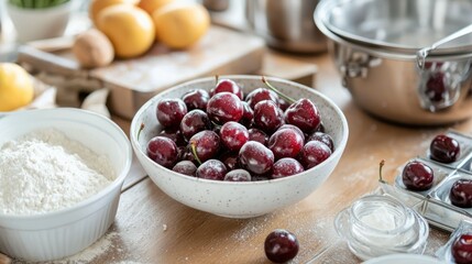 Poster - A kitchen island with a bowl of cherries next to other ingredients for baking.