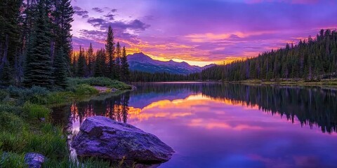 Aufkleber - A lake surrounded by forests, reflecting the intense purple and lavender tones of a stunning sunset