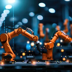 Poster - Automated robotic arms work efficiently in a modern industrial setting, showcasing advanced technology and precision in manufacturing.