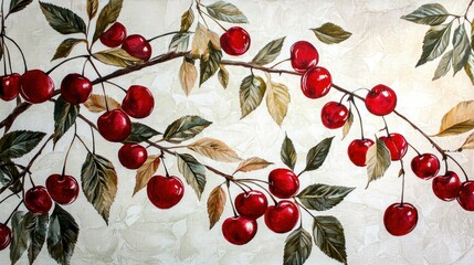 Poster - A large textile print of cherries and leaves displayed in a studio environment.