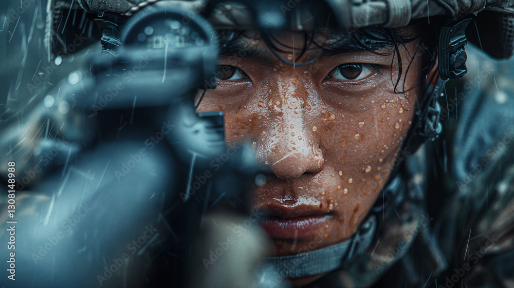 Intense soldier aiming a rifle in heavy rain, his face covered in water ...
