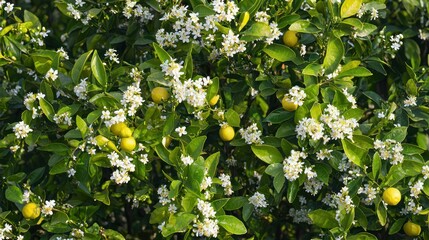Poster - A lemon tree in bloom, with white flowers and tiny green fruits beginning to develop