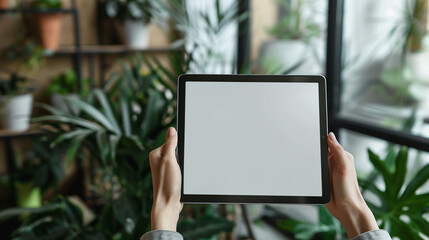 hand holding tablet with isolated screen in room house. tablet blank white screen mockup.