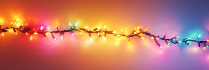 Poster - Colorful glowing lights create a festive garland in vibrant rainbow hues on a soft gradient backdrop Generative AI