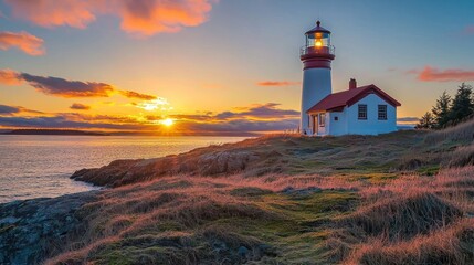 Poster - A lighthouse standing tall on the shore, framed by the warm hues of a sea sunset