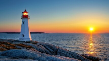 Poster - A lighthouse standing tall on the shore, framed by the warm hues of a sea sunset