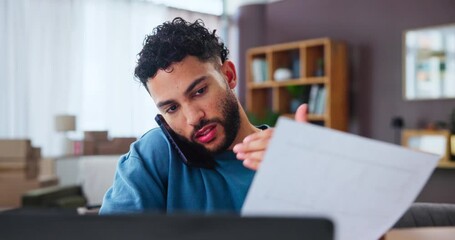 Aufkleber - Paper, phone call and small business with man in home living room for communication or freelance delivery. Box, logistics and order with happy supply chain entrepreneur in apartment for remote work