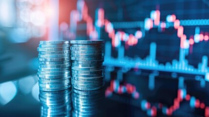 Poster - Stacks of coins in the foreground with a fluctuating stock market graph in the background, symbolizing finance and investment.