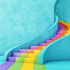 Poster - A vibrant staircase with colorful steps against a blue wall, creating a playful and whimsical atmosphere.