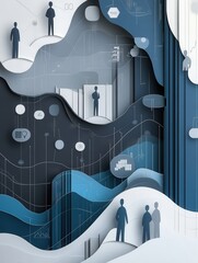 Poster - Sophisticated paper art design featuring interconnected silhouettes and charts in navy blue and gray tones for political analysis Generative AI