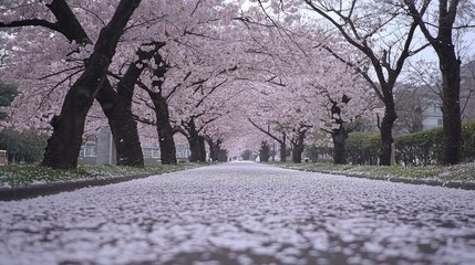 Poster - A long pathway lined with cherry blossom trees, with fallen petals covering the ground.