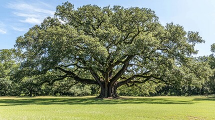Poster - A massive oak tree with sprawling branches in the middle of a grassy meadow.