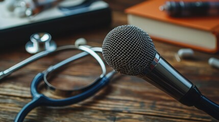 Poster - a microphone with medical books and tools in the background