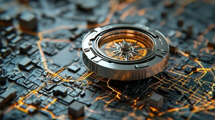 Aufkleber - A metallic 3D compass with reflective surfaces, placed on a digital map.