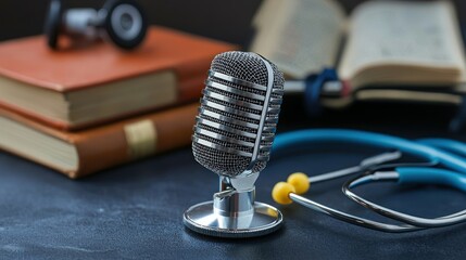 Poster - a microphone with medical books and tools in the background
