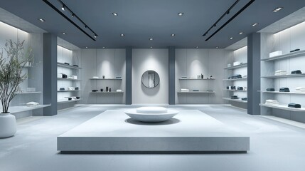 Poster - A minimalist 3D showroom background with clean walls and a central platform for product display.