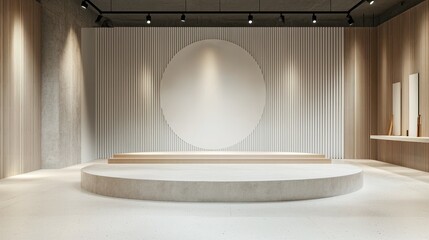 Poster - A minimalist 3D showroom background with clean walls and a central platform for product display.