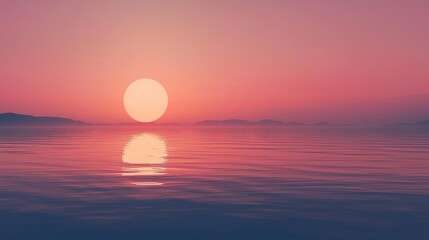 Aufkleber - A minimalist landscape featuring a gradient sunset sky over a calm and reflective lake