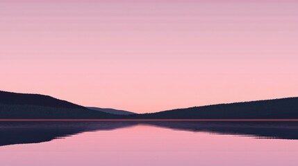 Aufkleber - A minimalist landscape featuring a gradient sunset sky over a calm and reflective lake
