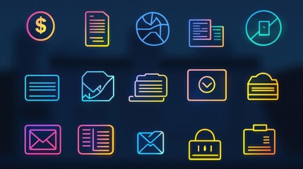 Poster - A minimalist stroke-based icon set with uniform thickness, highlighting finance and communication themes.