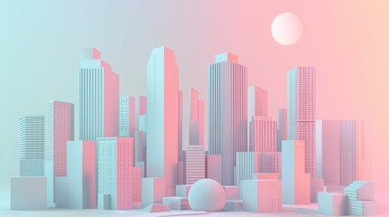 Poster - A minimalistic 3D city illustration with clean geometric shapes and pastel colors